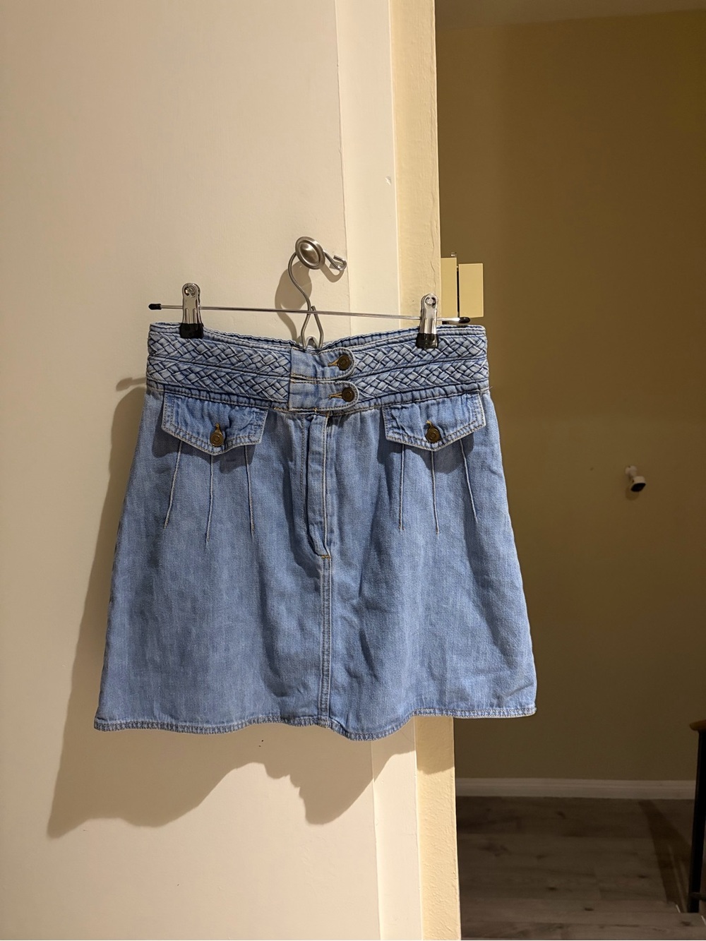 Free people blue denim mini skirt with braided waistband